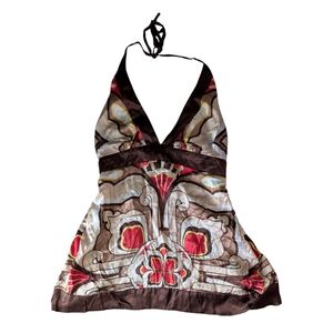 bebe Brown Multicolor Halter Tie-Back Empire Top